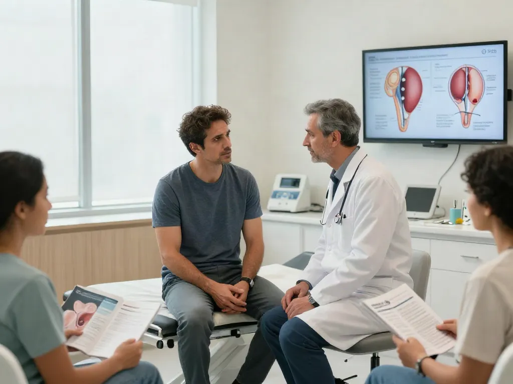 Patient discussing prostate cancer treatment UAE options with a doctor in a modern clinic setting.