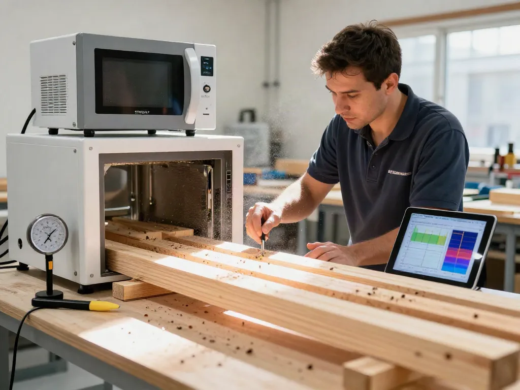 SHASHEL® technician using microwave technology for quick woodworm elimination in a workshop.