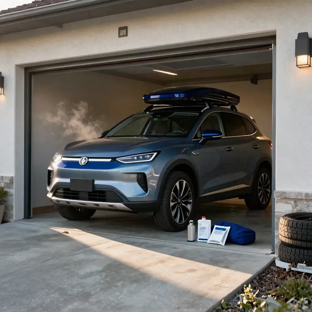 New SUV easing out of a garage with tires, cargo box, fuel can, and service packet.