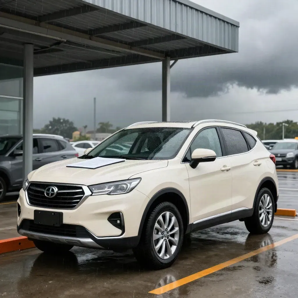 Cream SUV under a corrugated awning in stormy pre-rain dealership light