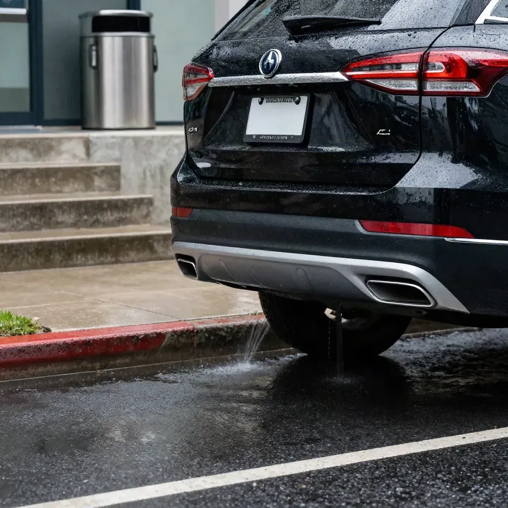 Black SUV rear corner leaving a rainy licensing office curb lane, fresh plates, wet asphalt.