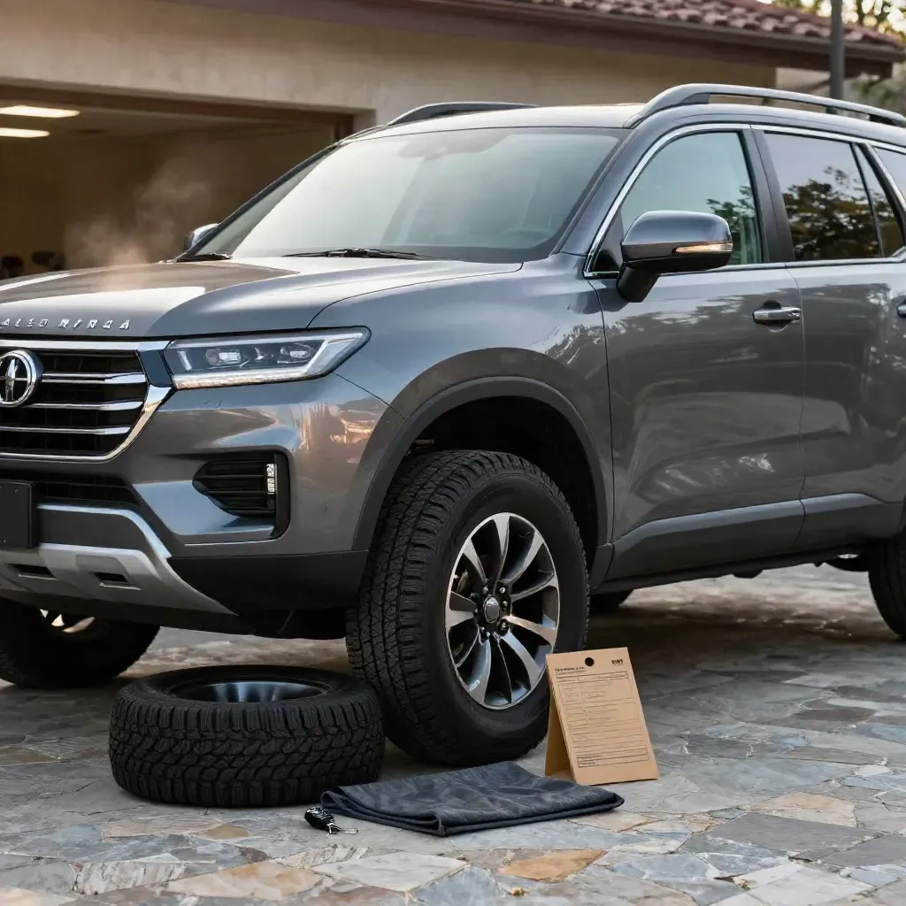Charcoal SUV inching out at sunrise with tire, key fob and cargo mat on a misty garage apron.