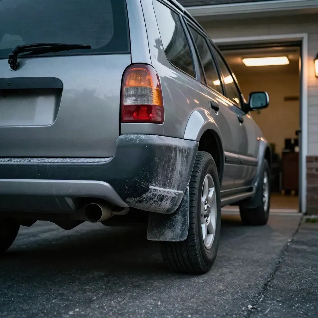 Rear low-angle SUV by a suburban garage with salt-streaked bumper and glowing light.