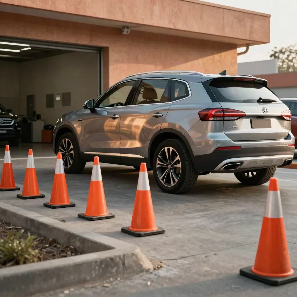 SUV easing through a sunlit service lane beside orange cones and a blurred bay.
